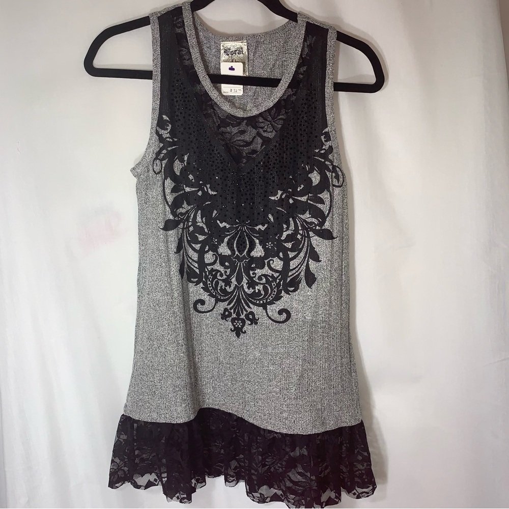 Vocal Gray and Black Lace Accent Tank Top